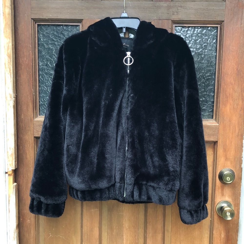Sweet Rain Black Faux Fur Women's Hooded Jacket Bomber Coat - Picture 2 of 3